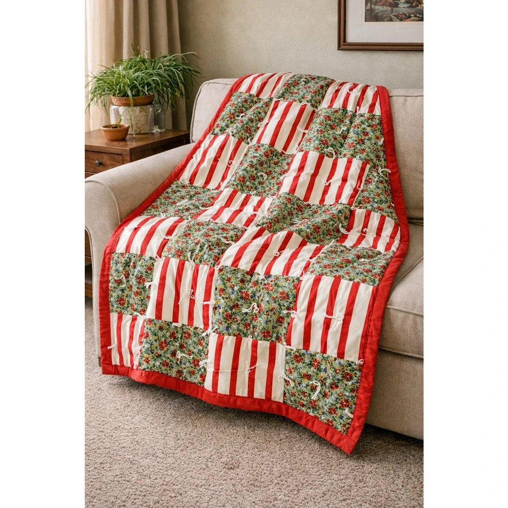Machine Patchwork Quilt Red Stripe Floral Tied Cottage Farmhouse Throw 42x54‎ in